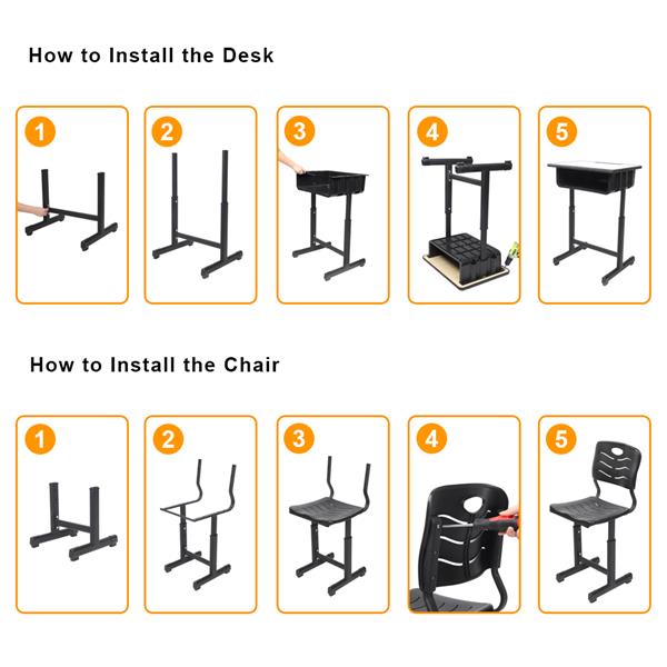 Adjustable Students Children Desk and Chairs Set Black