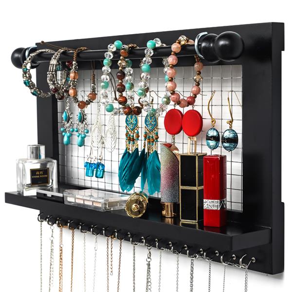 Jewelry Manager - Wall Mounted Jewelry Stand With Detachable Bracelet Bar, Shelf And 16 Hooks - Perfect Earrings, Necklaces And Bracelet Stand - Black
