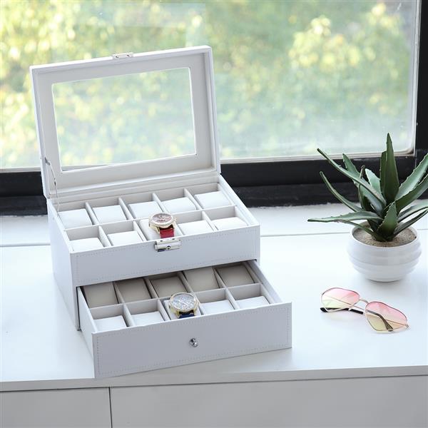 20 Watch Box Lockable Organizer Display Case with Glass Top White