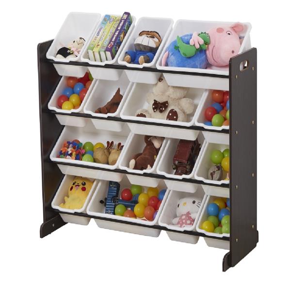 Wooden Kids' Toy Storage Organizer with 16 Plastic Bins,X-Large, Espresso / White