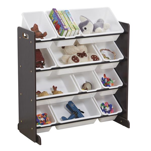 Kids' Toy Storage Organizer with 12 Plastic Bins, Espresso / White