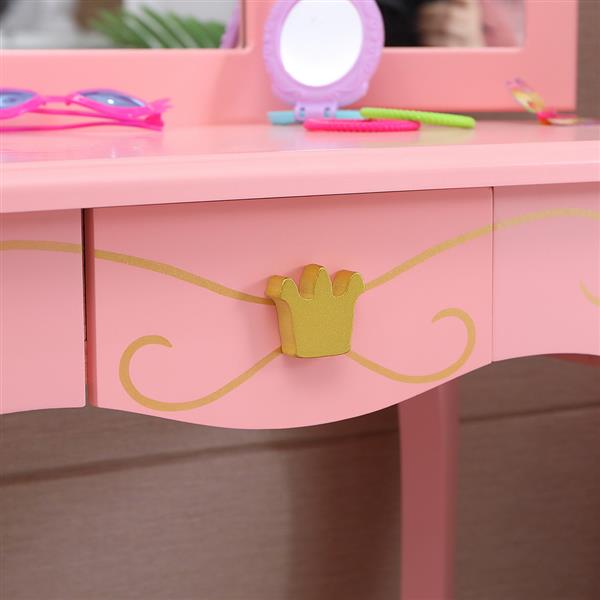 Children's Three Mirror Single-Drawing Curved Foot Dresser Pink