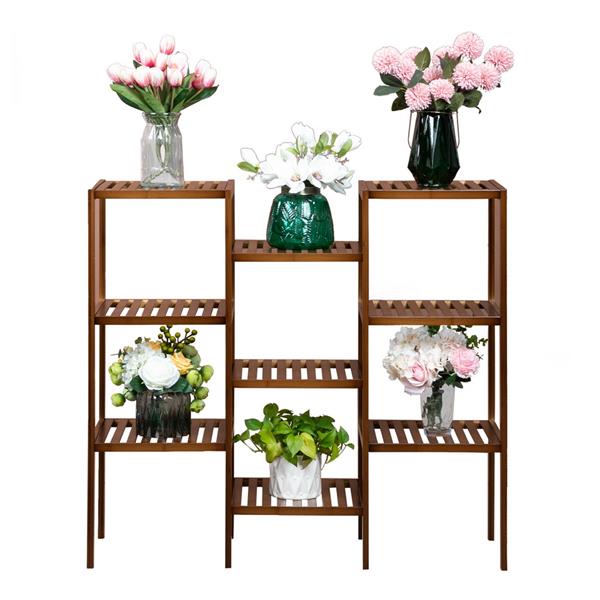 100% Bamboo High-grade Plant Shelf Multi-Functional 9-layer Shelf Flower Pot Shelf Display Shelf 96 * 90 * 33cm-Dark Brown