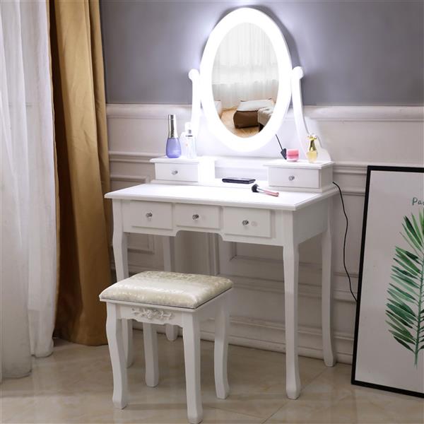 With Light Bulb Single Mirror 5 Drawer Dressing Table White