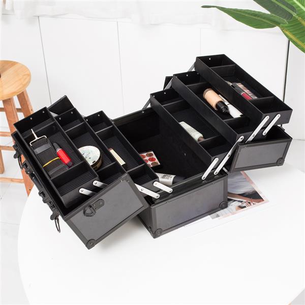 Makeup Train Case Professional Adjustable - 6 Trays Cosmetic Cases Makeup Storage Organizer Box with Lock and Compartments 14 Inch Large Black