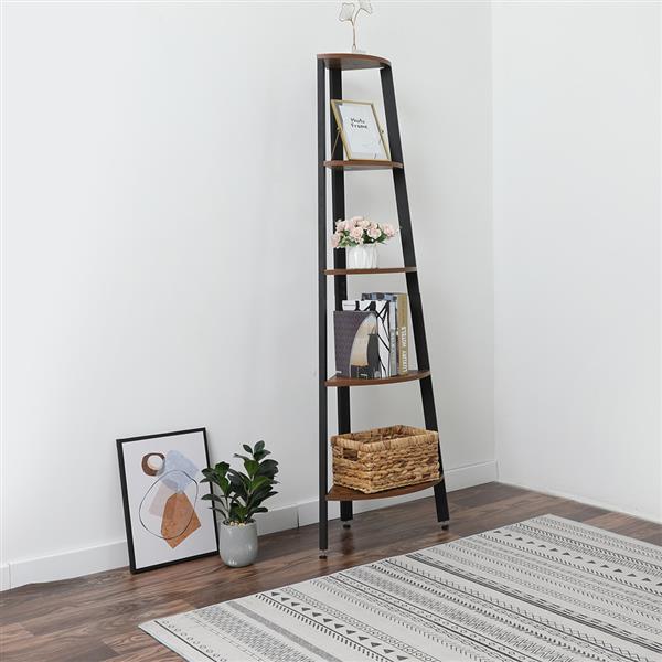 Corner Shelf, 5-Tier Bookshelf, Plant Stand, Wood Look Accent Bookcase Furniture with Metal Frame, for Home and Office, Rustic Brown