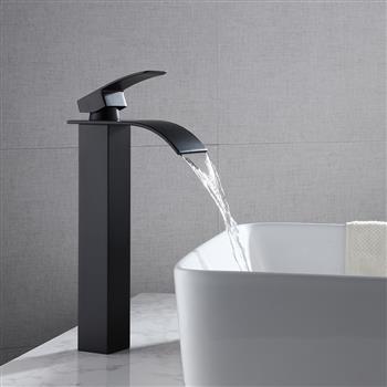 Single Hole Single Handle Hot And Cold Single Control Bathroom Basin Waterfall Faucet-Black Curved Mouth (High)