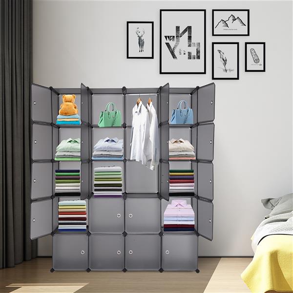 20 Cube Organizer Stackable Plastic Cube Storage Shelves Design Multifunctional Modular Closet Cabinet with Hanging Rod Gray