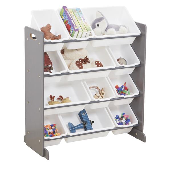 Kids' Toy Storage Organizer with 12 Plastic Bins, Gray / White