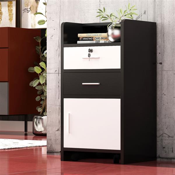 Salon Wood Rolling Drawer Cabinet Trolley Spa 3-layer Cabinet Equipment with A Lock Black & White