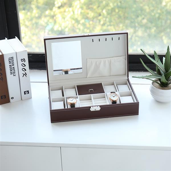 Jewelry Box 8 Slots Watch Organizer Storage Case with Lock and Mirror for Men Women Brown