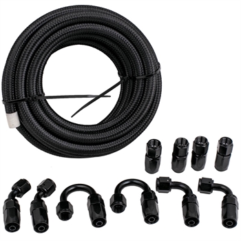 20 ft Black Stainless Steel Braided Fuel Line + 6AN Hose End Adaptor