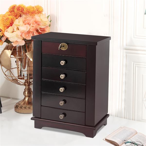 Wooden Jewelry Box Organizer Wood  Cabinet 6 Layers Case with 5 Drawers- Brown