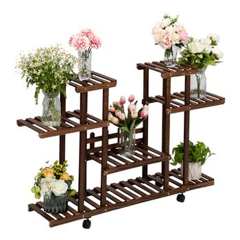 4-Layer 12-Seater Indoor And Outdoor Multifunctional Carbonized Color Wheel Wooden Plant Stand