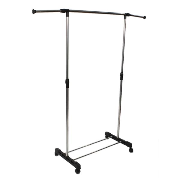 Single-bar Vertically-stretching Stand Clothes Rack with Shoe Shelf Silver