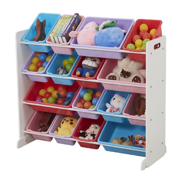 Wooden Kids' Toy Storage Organizer with 16 Plastic Bins,X-Large, White / Blue / Pink / Purple