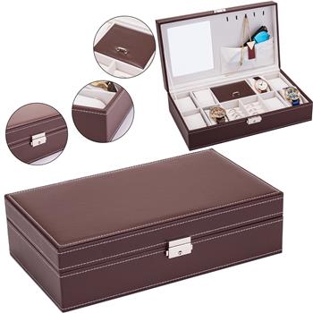 Jewelry Box 8 Slots Watch Organizer Storage Case with Lock and Mirror for Men Women Brown