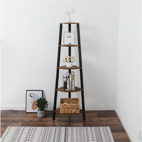 Corner Shelf, 5-Tier Bookshelf, Plant Stand, Wood Look Accent Bookcase Furniture with Metal Frame, for Home and Office, Rustic Brown