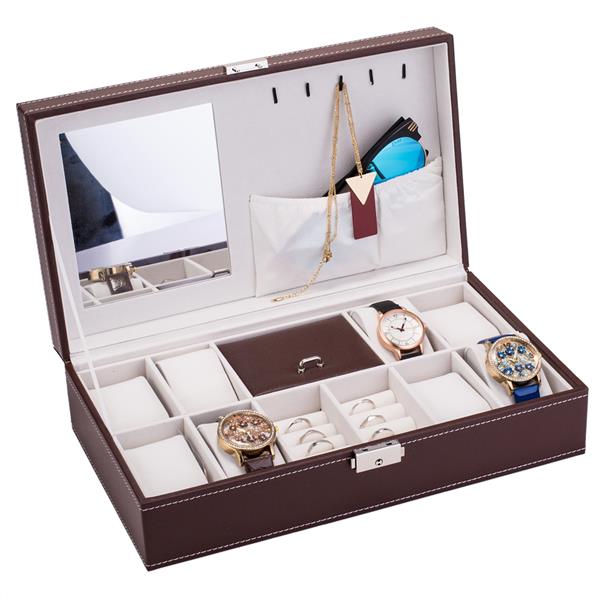 Jewelry Box 8 Slots Watch Organizer Storage Case with Lock and Mirror for Men Women Brown