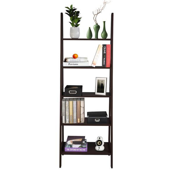 Ladder Shelf, 5-Tier Multifunctional Modern Wood Plant Flower Book Display Shelf, Home Office Storage Rack Leaning Ladder Wall Shelf Brown Color