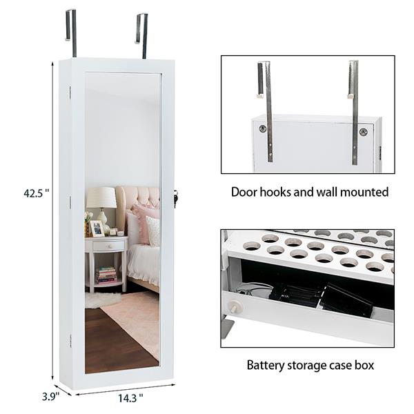 Non Full Mirror Wooden Wall Hanging 3-Layer Shelf, 2 Drawers, 17 Cosmetic Brush Holders, 95 White LED Lights With Interior Mirror, Jewelry Storage Mirror Cabinet - White