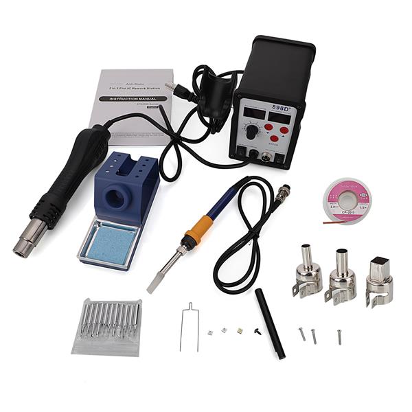 898D  2 in 1 Soldering Station and Hot Air Gun Digital Display Adjustable Soldering Station with 11pcs Solder Tips & 1pc Solder Wick & 1pc IC Extractor US Plug Black