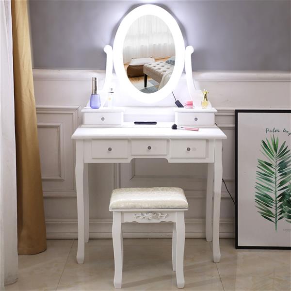 With Light Bulb Single Mirror 5 Drawer Dressing Table White