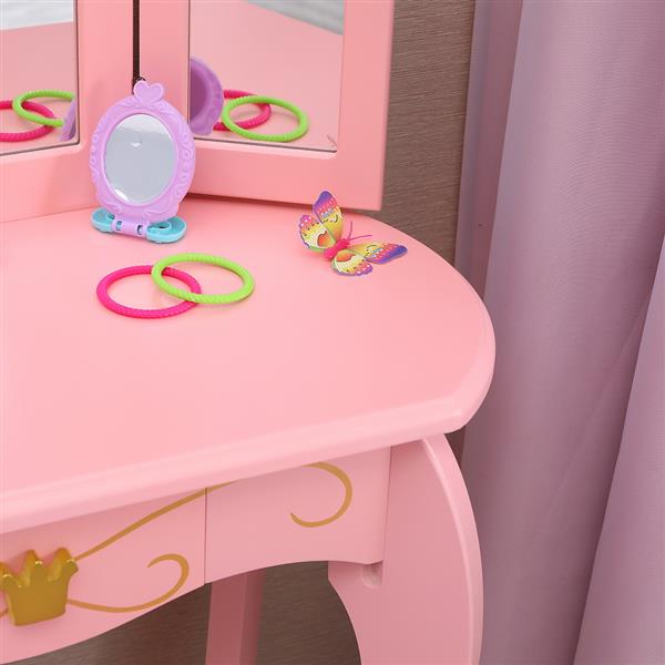 Children's Three Mirror Single-Drawing Curved Foot Dresser Pink