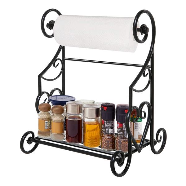 Freestanding Heart Scrollwork Black Metal Kitchen Countertop Paper Towel Holder Stand with Spice/Condiment Shelf Rack