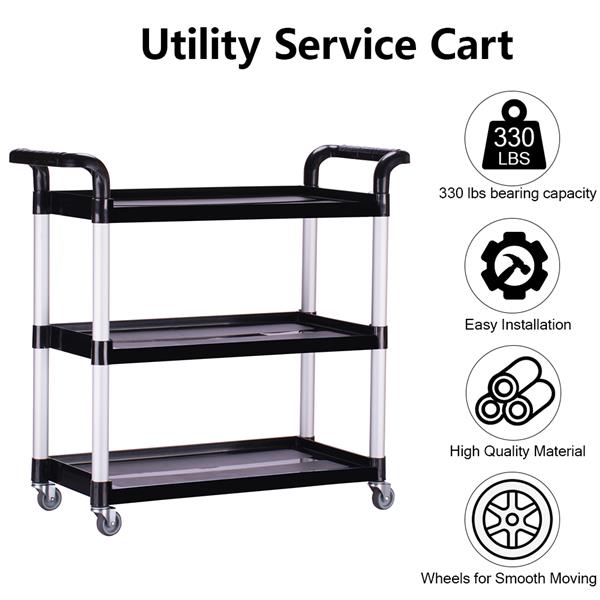 Heavy Duty 3-Shelf Rolling Service / Utility / Push Cart, 330 lbs. Capacity, Black, for Foodservice / Restaurant / Cleaning