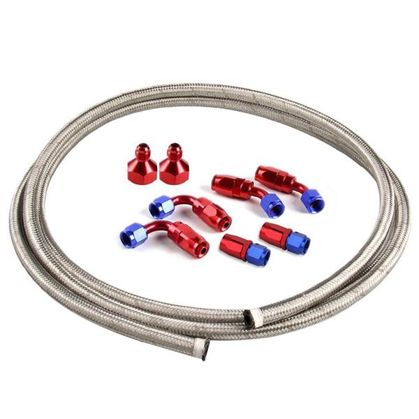 Universal 12ft AN-6 Silver Nylon Braided Hose with 6pcs Red & Blue Hose Ends and 2pcs AN-6 to AN-10 