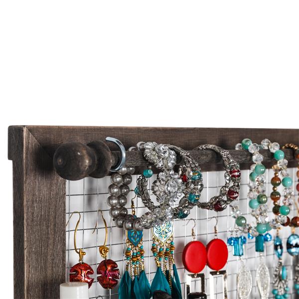 Jewelry Manager - Wall Mounted Jewelry Stand With Detachable Bracelet Bar, Shelf And 16 Hooks - Perfect Earrings, Necklaces And Bracelet Stand - Brown