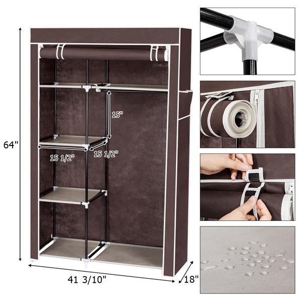 64" Portable Closet Storage Organizer Wardrobe Clothes Rack with Shelves Dark Brown