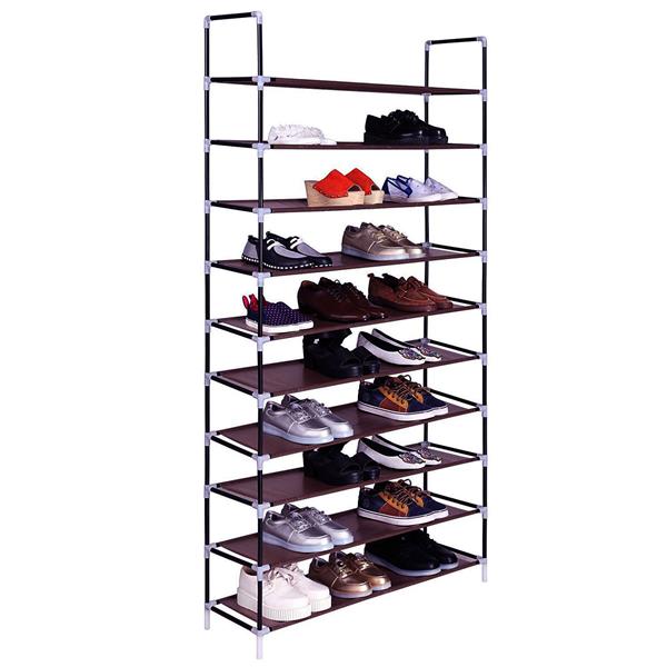 Simple Assembly 10 Tiers Non-woven Fabric Shoe Rack with Handle Dark Brown