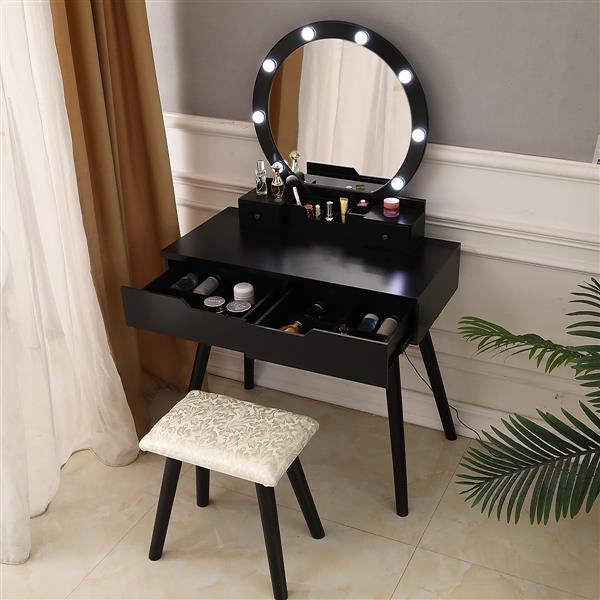 Dressing Table with Single Round Mirror  with Bulb & 4 Drawers Black