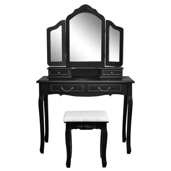 Tri-fold Mirror Dresser with Dressing Stool Black