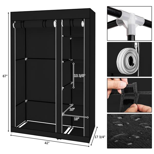 67" Portable Clothes Closet Wardrobe with Non-woven Fabric and Hanging Rod Quick and Easy to Assemble Black