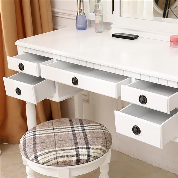 【】Dresser Three-Fold Square Mirror Drawers Roman Column Table/Stool White