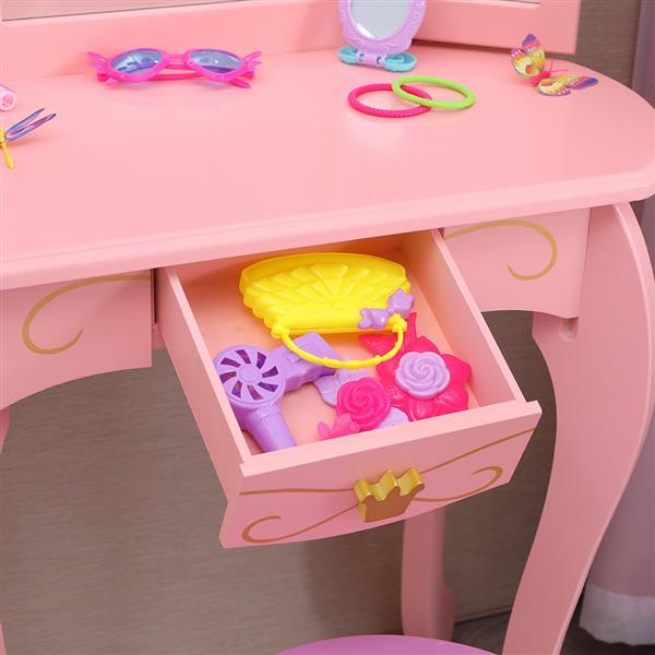 Children's Three Mirror Single-Drawing Curved Foot Dresser Pink