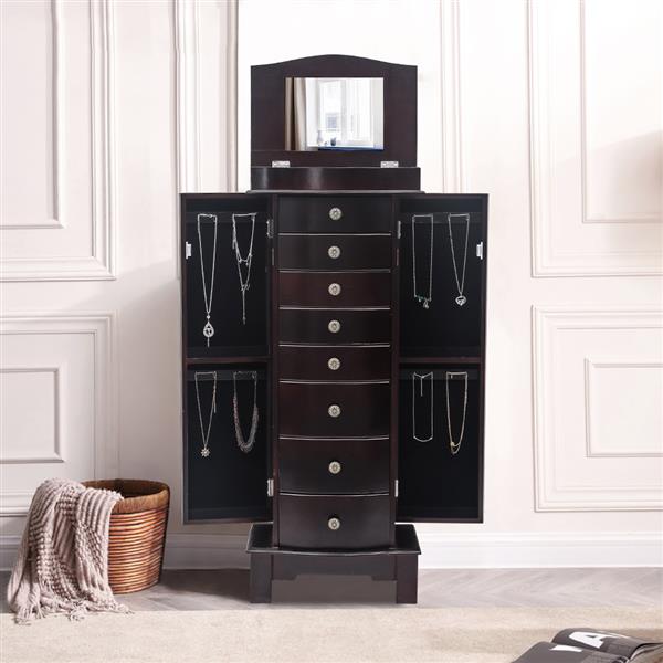Jewelry Armoire with Mirror, 8 Drawers & 16 Necklace Hooks,  2 Side Swing Doors(Brown)