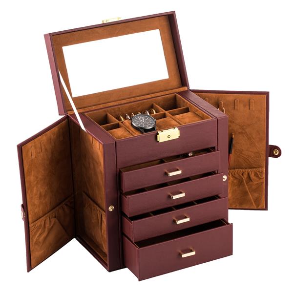 Synthetic Leather Huge Jewelry Box Mirrored Watch Organizer Necklace Ring Earring Storage Lockable Gift Case Brown