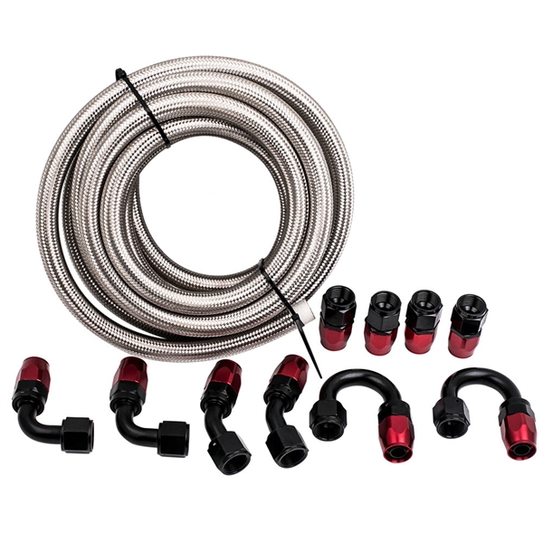 -10AN Fitting Stainless Steel Nylon Braided Oil Fuel Hose end set 16ft Sliver