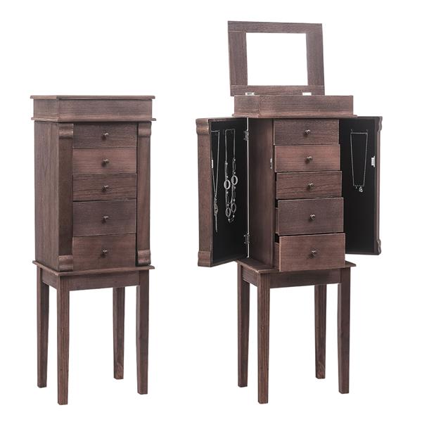 Standing Jewelry Armoire with Mirror, 5 Drawers & 8 Necklace Hooks, Jewelry Cabinet Chest with Top Storage Organizer , 2 Side Swing Doors(Brown)