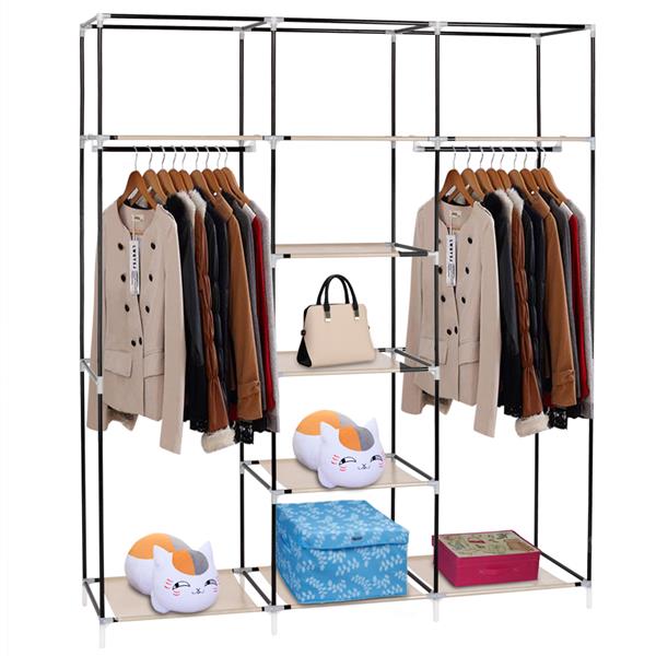 69" Portable Clothes Closet Non-Woven Fabric Wardrobe Double Rod Storage Organizer Beige