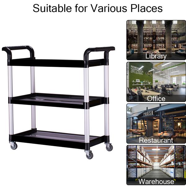 Heavy Duty 3-Shelf Rolling Service / Utility / Push Cart, 330 lbs. Capacity, Black, for Foodservice / Restaurant / Cleaning