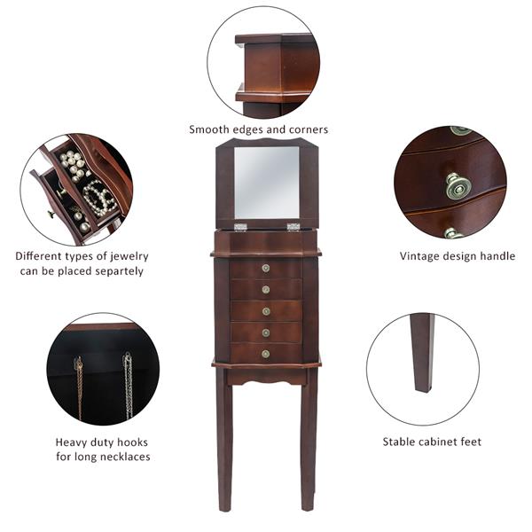 Standing Jewelry Armoire with Mirror, 5 Drawers & 6 Necklace Hooks, Jewelry Cabinet Chest with Top Storage Organizer , 2 Side Swing Doors(Brown)