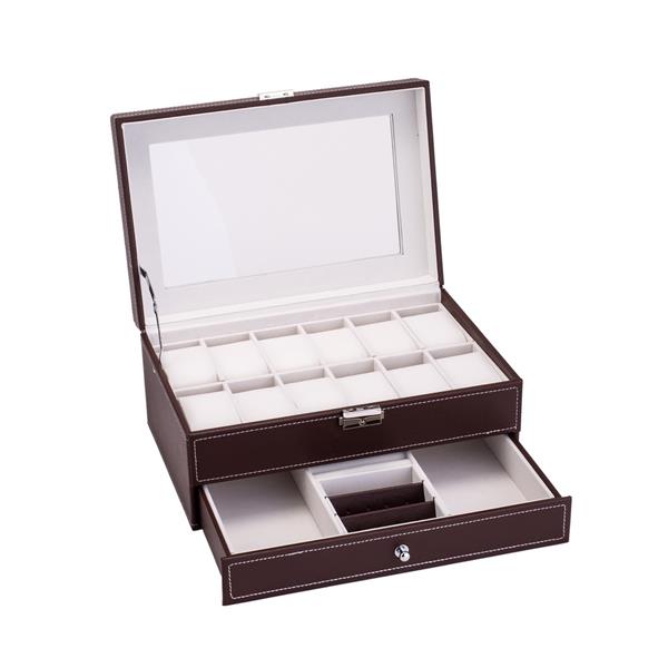 12 Slots Watch Box Mens Watch Organizer Lockable Jewelry Display Case with Real Glass Top Faux Leather Brow
