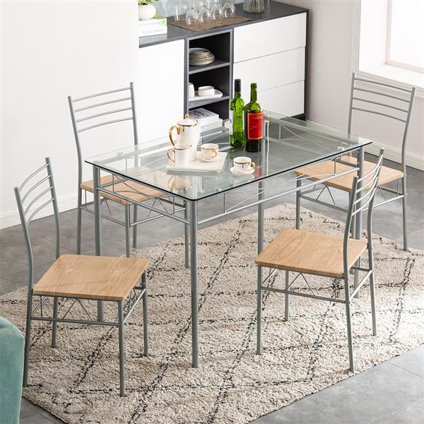 [110 x 70 x 76cm] Iron Glass Dining Table and Chairs Silver One Table and Four Chairs MDF Cushion