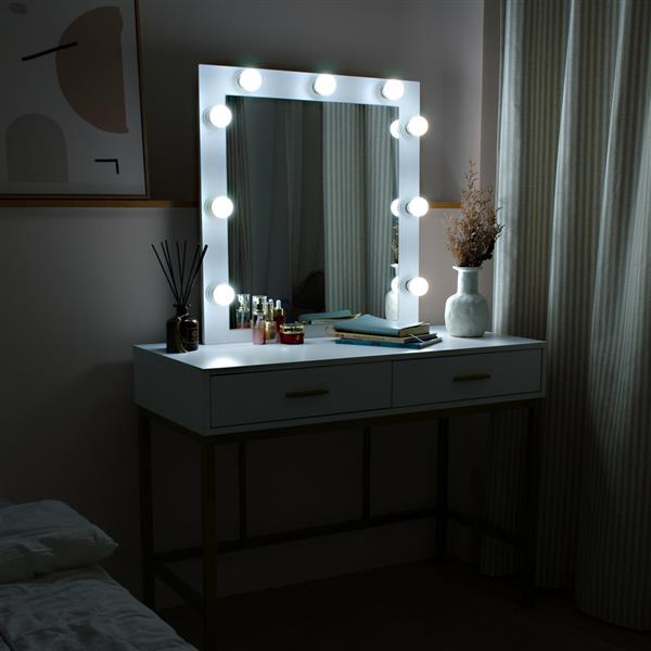 Single Mirror With 2 Drawers And Light Bulbs, Steel Frame Dressing Table White