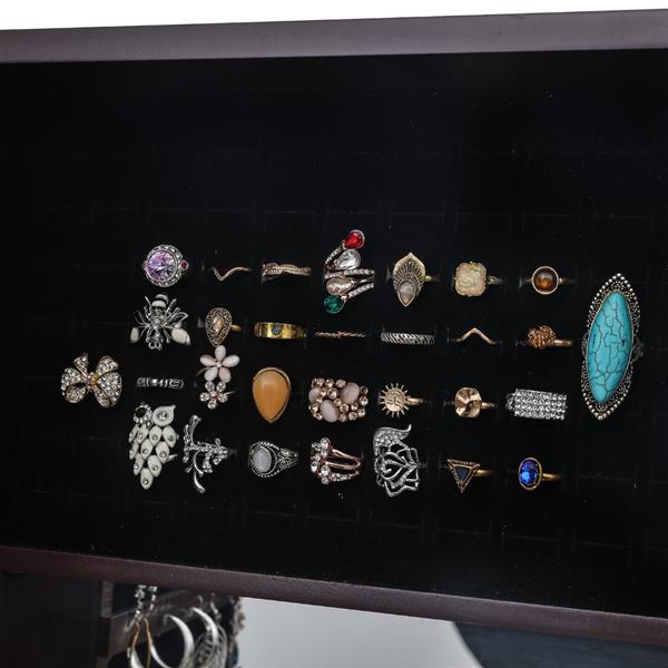 Full Mirror Wooden Foor Standing 4-layer Shelf with Inner Mirror 2 Drawer Jewelry Storage Adjustable Mirror Cabinet -Dark Brown